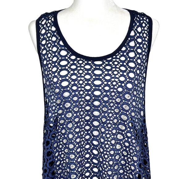 Comfy USA Navy Blue Crocheted Hi-Lo Overlay Stretchy Topper Cover Up Tank Top - Picture 2 of 6
